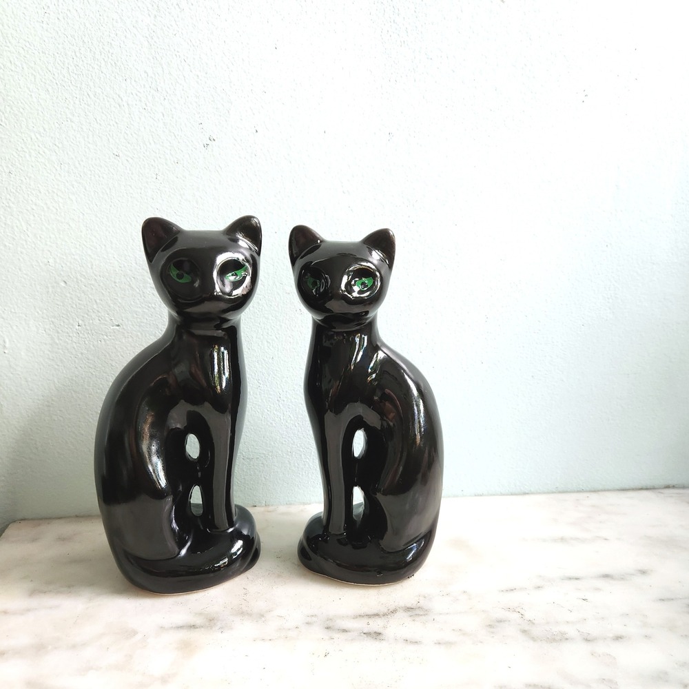Vintage Pair‎ Black Cat Figurine Green Eyes Ceramic Taiwan Kitsch MCM Decor